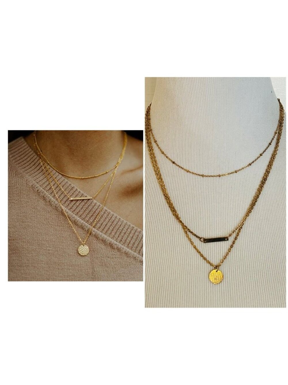Los Angeles Boutique Fashion 3 Layer Gold Tone Chain Necklace Boho Dainty NEW